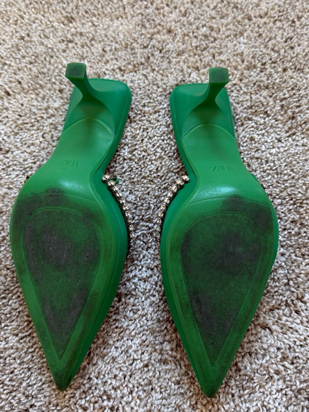 Zara Emerald Green Pointed Toe Crystal-Trim Mules - Picture 2 of 2